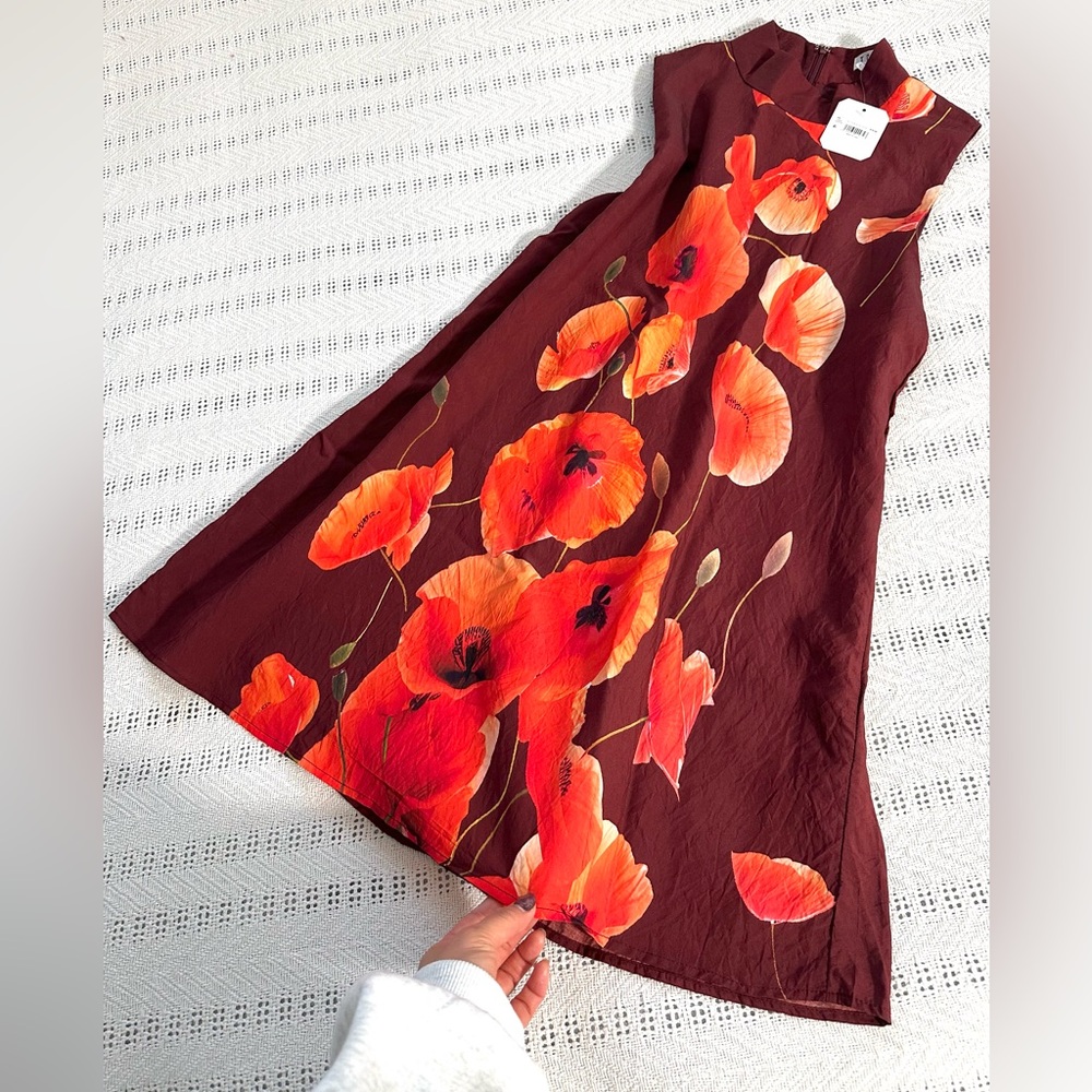 Altar'd State Burgundy Dress with Red and Orange Floral Design